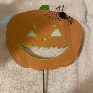 Vintage 1990s Halloween Yard Stake, Small Tin Jack-O-Lantern with Spider